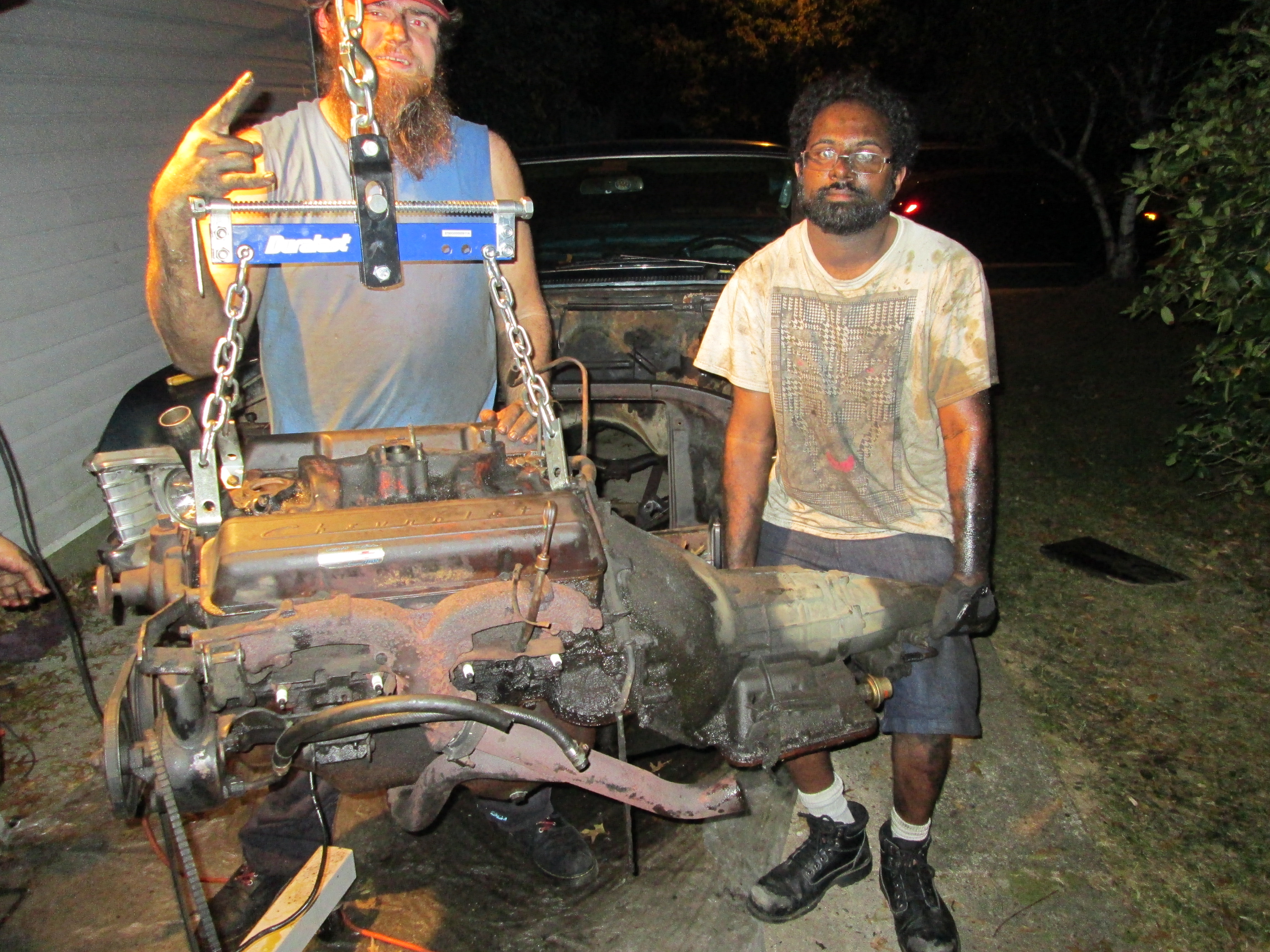 Stephen and Derek with the engine and transmission
